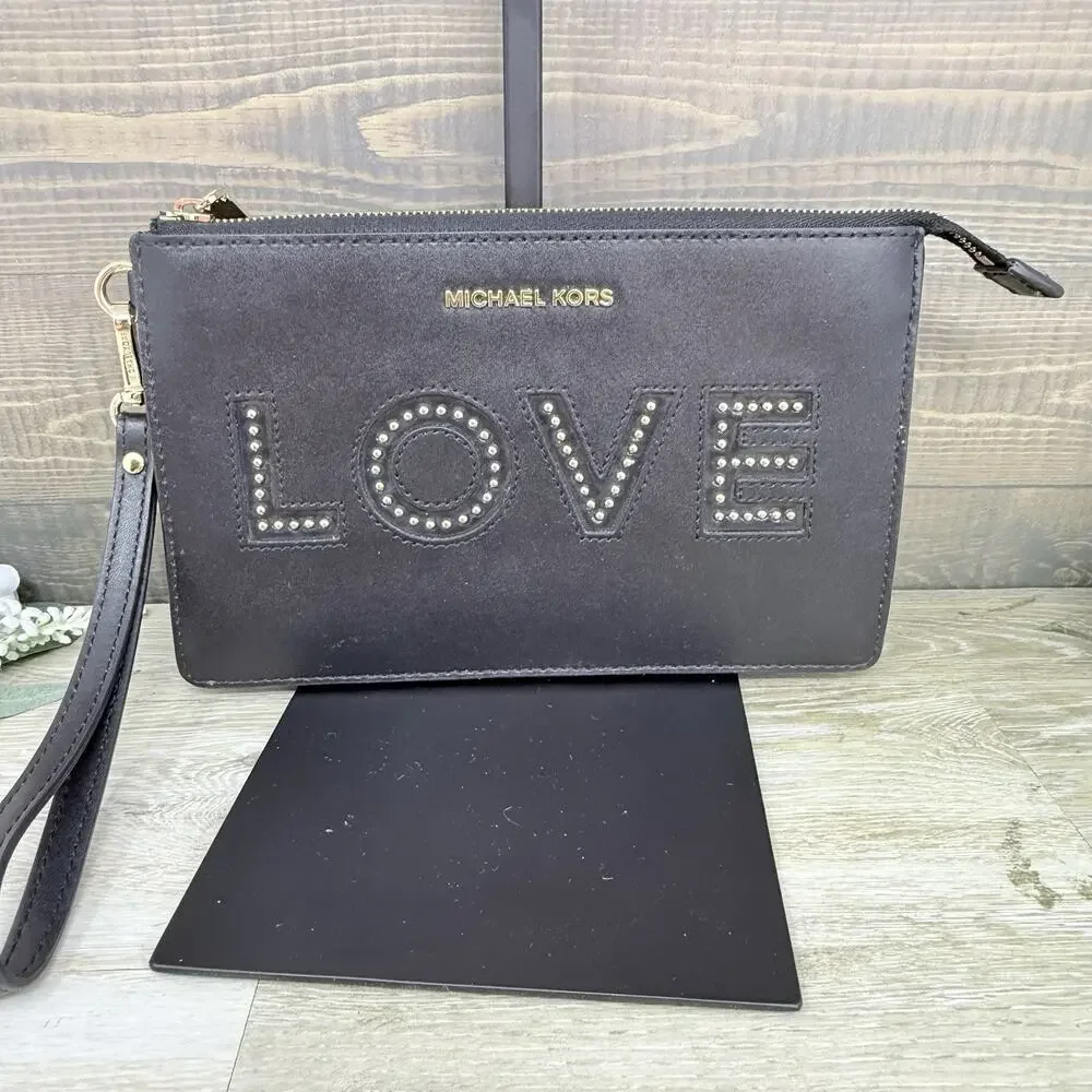 Michael Kors LOVE Studded Black Leather Wristlet Bag with Strap